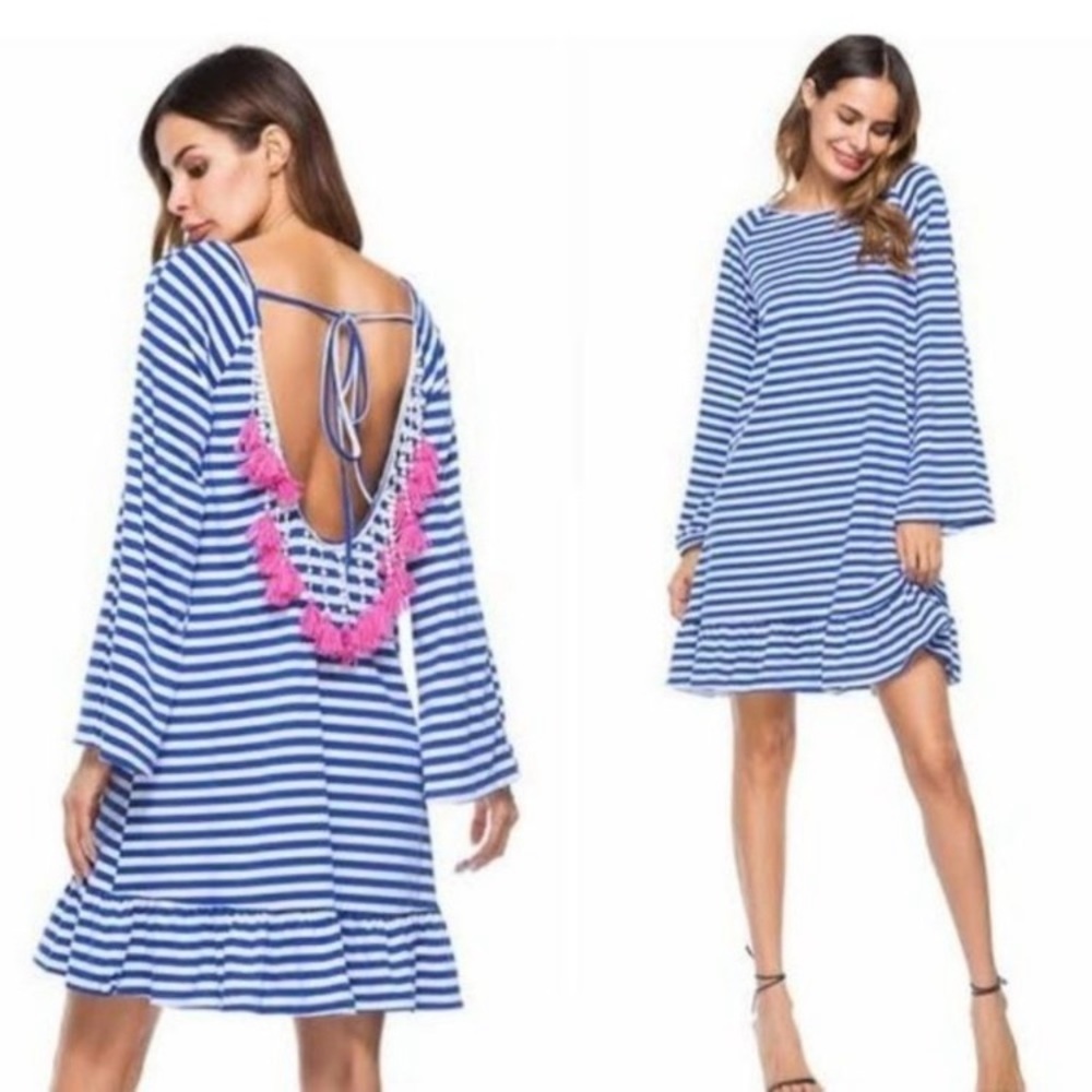 Anthropologie Philosophy Blue and White Stripes Boho Beaded Dress Small